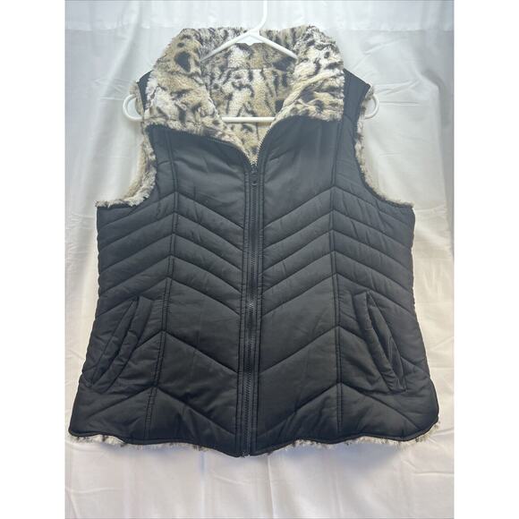 Valerie Stevens Reversible Puffer Vest Women's Size Large Leopard Black - Picture 2 of 11